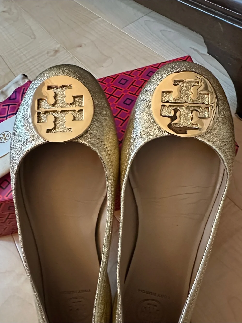 Tory Burch Metallic Gold Leather Logo Ballet Flats